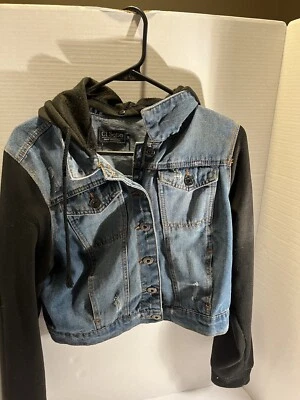 CI Sono denim jacket distressed removable hood blue and black juniors XL - Image 1 of 4