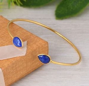 Gold Plated Open Cuff Bangles Fashion Gold Plated 2 Lapis Sleek Bracelet Jewelry - Picture 1 of 9
