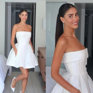 Short Mini Wedding Dresses Strapless Satin White Sleeveless Bridal Gowns - Picture 1 of 11