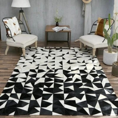Hand Woven Area Rug Natural Cowhide Hair on Patch Work Leather Modern Room A-03 - Image 1 of 4