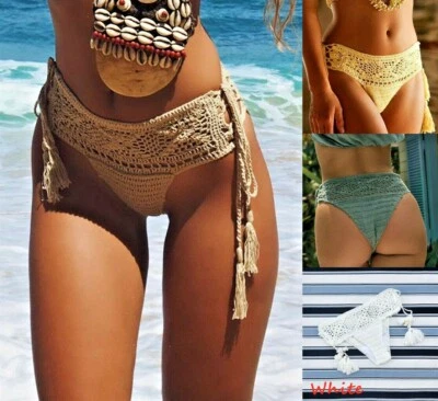 Women Openwork Mediterranean Grid Crochet Shorts Bikini Bottom Tassel Hot Pants - Image 1 of 4