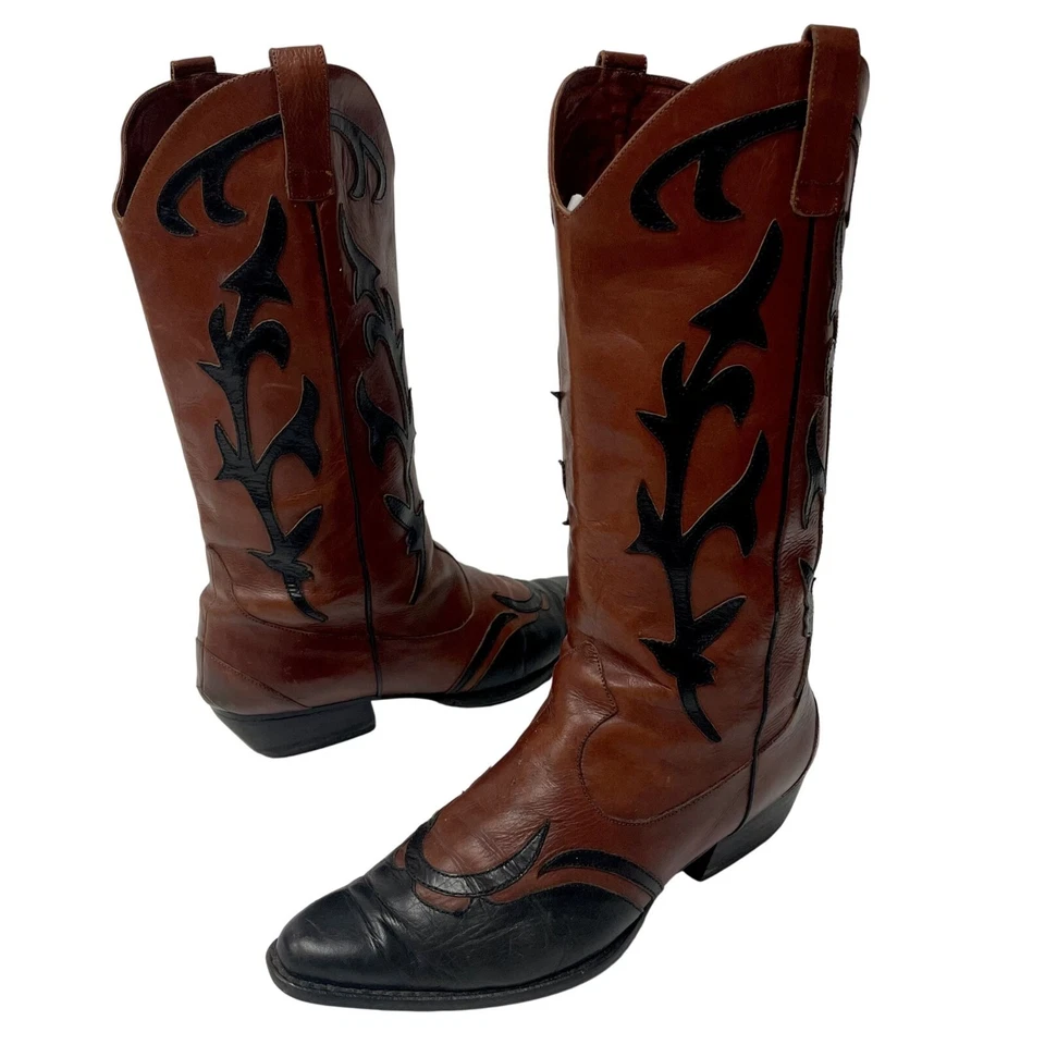 Vtg 80's Van Eli Brown Leather Cowboy Western Black Wingtip RODEO Boots 6 M - Image 1 of 4