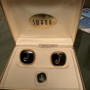 Vintage Swank Manschettenknöpfe goldfarben 24K Blattgold Initiale  - Bild 1 von 2
