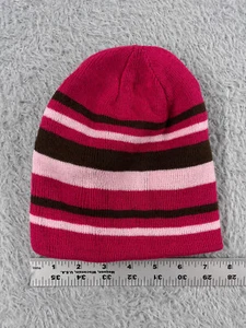 Beanie Toque Youth One Size Pink Brown Stripe Knit 100% Acrylic - Picture 1 of 4