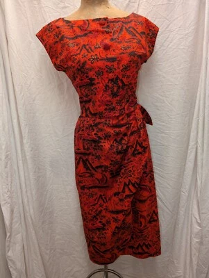 Vintage 1950's Red Black Cotton Hawaiian Wrap Dress & Top Size XS - Image 1 of 4