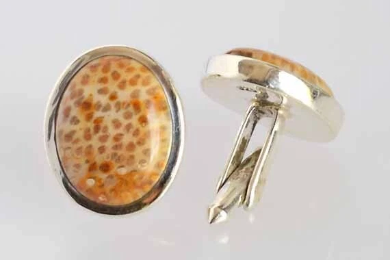 Louisiana Palm Wood Jasper Oval Cufflinks 925 Silver Jewelry Groom Accessories Foto 1 de 1