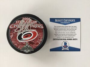 Eric Staal Signed 2006 Stanley Cup Hurricanes Hockey Puck Beckett BAS COA a