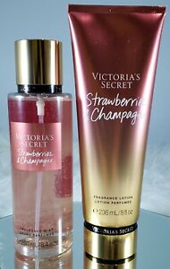 VICTORIA'S SECRET STRAWBERRIES & CHAMPAGNE Fragrance mist & Lotion SET NEW