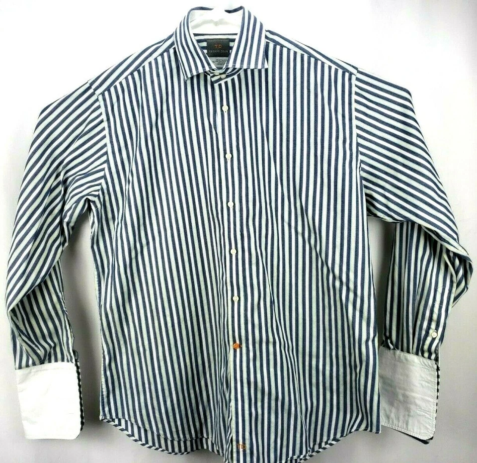Thomas Dean Men's Shirt Size XL L/S Button 100% Cotton White/Blue/Yellow Striped - Image 1 of 4