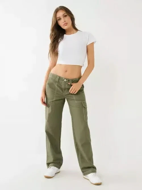 Calça cargo militar feminina True Religion tamanho 32 Kalamata oliva Y2K perna larga - Imagem 1 de 4