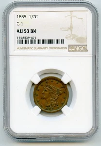 1855 U.S. Braided Hair Half Cent C-1 NGC AU53 BN - Picture 1 of 4