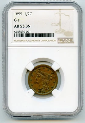 1855 U.S. Braided Hair Half Cent C-1 NGC AU53 BN - Image 1 of 4