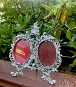 Vintage silberfarben Metall verziert Doppel Bilderrahmen viktorianische Staffelei Rückseite klein - Bild 1 von 10