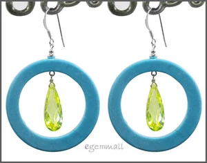 Turquoise(Syn.) Dangle Donut Earrings CZ Peridot #65189 - Picture 1 of 1
