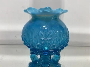 George Davidson Blue Opalescent PIASA BIRD Footed Rose Bowl Vase Compote - Picture 1 of 24