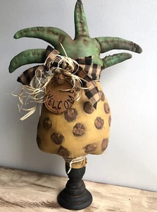 Primitive~Handmade Doll~Folk Art Pineapple Make Do~Welcome~Wood Candle Holder - Picture 1 of 13