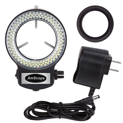 AmScope Microscope Ring Light 144-LED Adjustable+Compact +Adapter w Black Finish