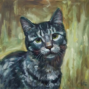 Cuadro original sobre lienzo Retrato de un gato gris a rayas 30x30 cm gato atigrado - Imagen 1 de 6