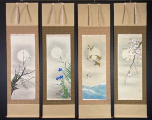 Japanese Hanging 4 Scrolls Four Seasons Moon Painting w/Box Asian Antique 077 - Imagen 1 de 17