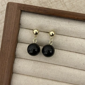 Natural 10mm Black Onyx Round Gemstone Beads Stud Ball Earrings - Picture 1 of 4