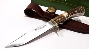 Remington Jr Fixed Blade Brown Stag Bone Handles Hunting Skinning Knife + Sheath - Picture 1 of 4