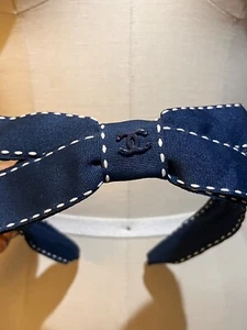 Chanel Headband Navy Blue Bow W/white Contrast Stitching - Picture 1 of 7