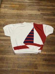 Vintage French Navy Red, Blue & White Sailboat Made In USA Large Sweater Shirt - Picture 1 of 10