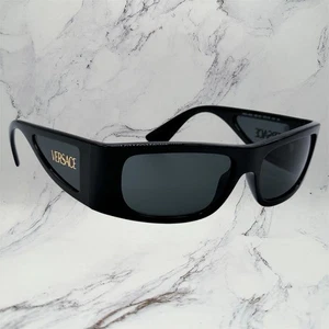 New VERSACE Sunglasses Black Square Wrap Shield Mask Acetate Gold Letter Logo - Picture 1 of 12