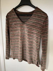 Knit Vintage 1970’s Multi Color Brown Striped V Neck Sweater Shirt Women’s Sz L - Picture 1 of 11