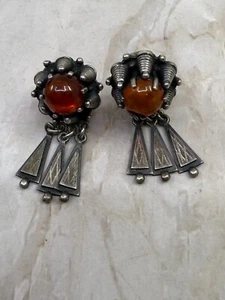 Castle Silver/Amber Norwegian Solje Round Open Dangle Floral Clip On Earrings - Picture 1 of 12