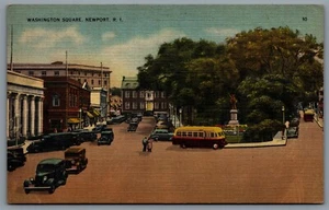 Postcard Newport RI c1945 Washington Square Old Cars Old Bus Street View - Picture 1 of 2