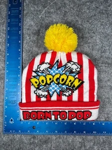 Popcorn Born To Pop Beanie Toque Youth One Size Red Stripe Knit Acrylic Pom - Picture 1 of 8