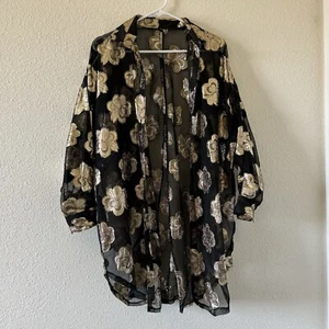 Longline Black Gold Floral Print Mesh Button Up Fits Women’s Large Party Church - Picture 1 of 6