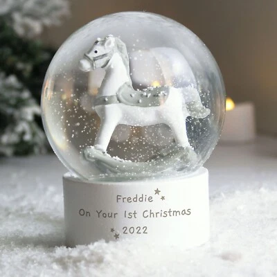 Personalised Rocking Horse Snow Globe Ornament Birthday Christmas Christening - Image 1 of 4