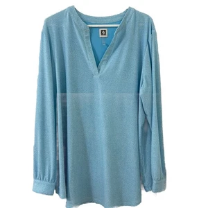 Anne Klein 2X Langarm aquablau gepunktet Bluse Top gebraucht, in einwandfreiem Zustand - Bild 1 von 6