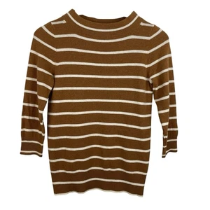 J. Crew Size XS Brown Cream Stripe 3/4 Sleeve Italian Cashmere Sweater Preppy - Picture 1 of 8