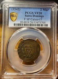 1542 Santo Domingo 2 Maravedis PCGS VF20 Repubblica Dominicana Spagna Carlo e Giovanna - Foto 1 di 2