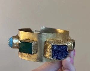 Multi Stone Turquoise Amethyst Cuff Etruscan Style Bracelet TURKEY gold Tone H1 - Picture 1 of 24