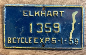 "Matrícula de bicicleta Elkhart Indiana 1959 5,5""x 3"" azul/amarillo" - Imagen 1 de 2