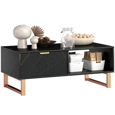 HOMCOM Coffee Table, Living Room Table with Drawer and Open Shelves, Black - Image 1 of 4
