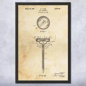 Meat Thermometer Patent Wall Art Poster, Canvas or Framed Restaurant Decor - Picture 1 of 15