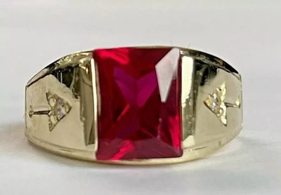 3CT Emerald Cut Simulated Red Ruby & Diamond Men's Ring 14K Yellow Gold Plated - Image 1 of 4