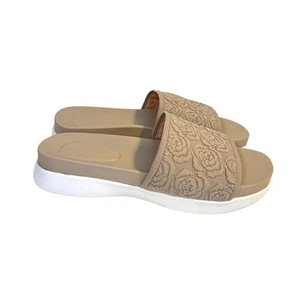 Taryn Rose Women's 7 Taupe Embroidered Slide Sandals With White Sole - Picture 1 of 9