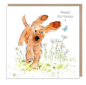Tarjeta de cumpleaños Cocker Spaniel perro y mariposa - Linda tarjeta de felicitación ilustrada - Imagen 1 de 1