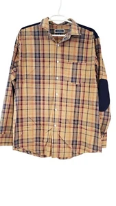 Club Room Tan Plaid Long Sleeve Button Down Shirt Navy Corduroy Elbow/Shoulder L - Picture 1 of 14