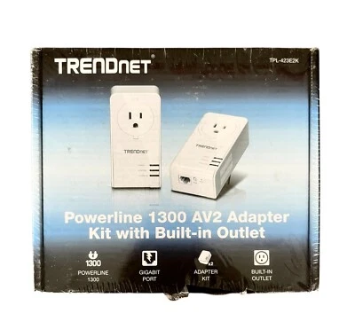 TRENDnet TPL-423E2K Powerline 1300 AV2 Adapter Kit with Built In Outlet NEW - Image 1 of 4