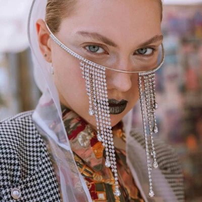 女士眼玻璃框架水钻水滴长流苏珠宝面部链 27031 — 第 1/3 张图片