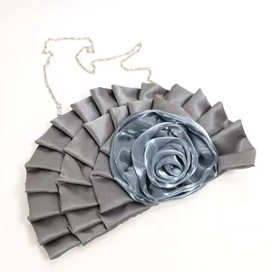 Bijoux Terner Evening Handbag S Gray Metallic Satin Fanfold Rose Hinge Chain - Picture 1 of 15