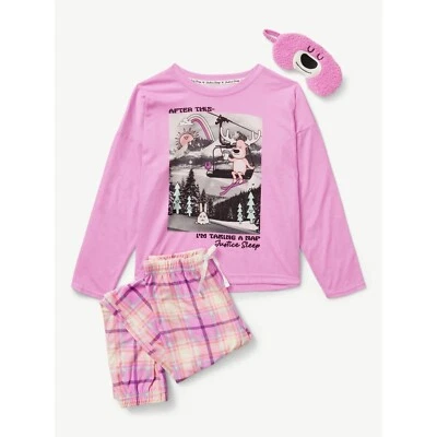Justice Girls Plaid Jogger Pant 3-Piece Pajama Set, Size MP/10P BERRY PINK NWT - Image 1 of 3