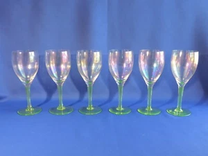 C 1920 Weston Art Deco Hand Blown Vaseline Glass Stem Wine Glasses Set of 6 - Picture 1 of 6